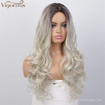 Vigorou Top Quality Long Ombre Gray Wavy Wigs Middle Part Synthetic Wigs For Black Women Heat Resistant Fiber Cosplay Party Wigs